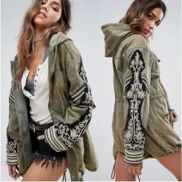 FREE PEOPLE Golden Quills Military Parka Jacket Coat Green Rhinestones M RARE - Picture 7 of 16